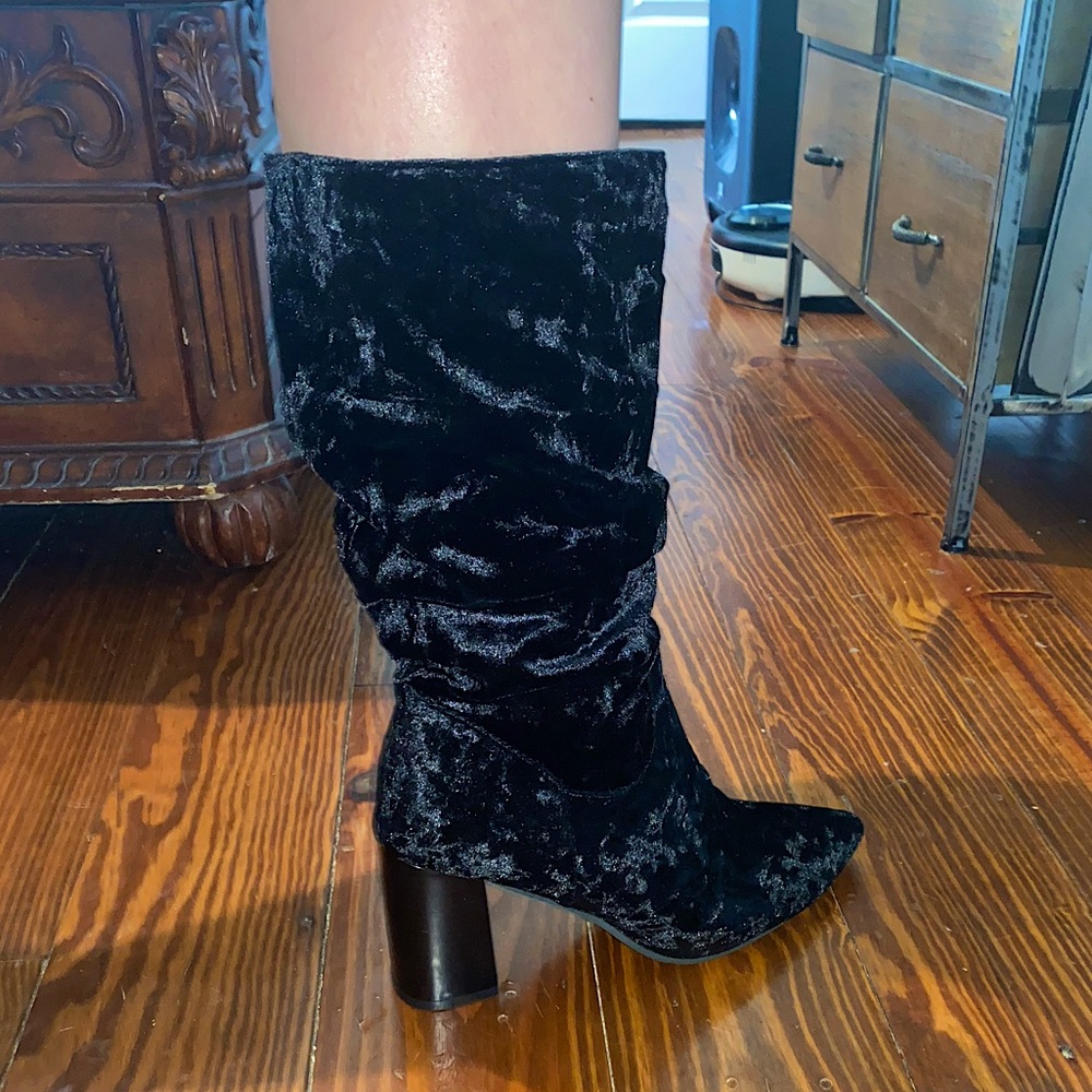 Slouch Mid Calf Boots Wide Calf Chunky Block Heel Boots/ Photos on for reference